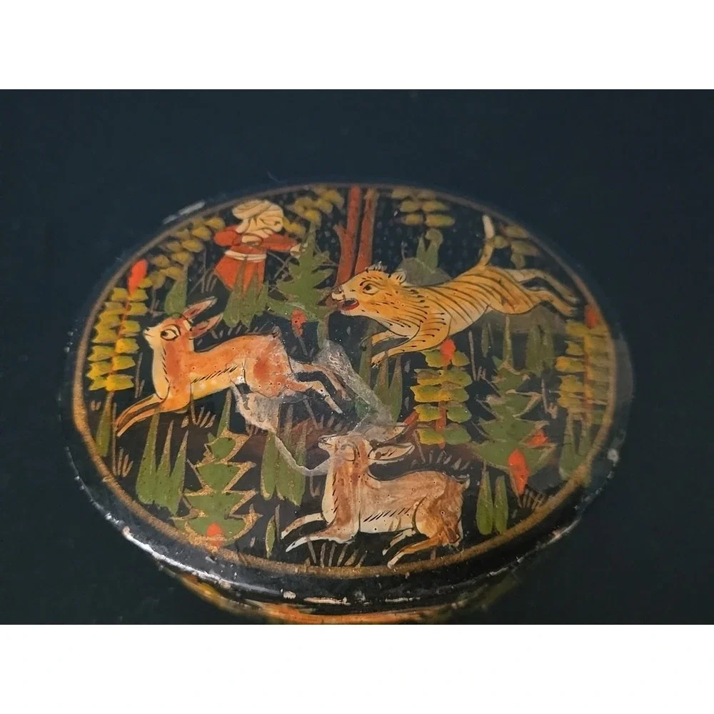 Vintage Paper Mache Box Deer Rabbit Hunting Kashmir India‎ Hand Painted 3